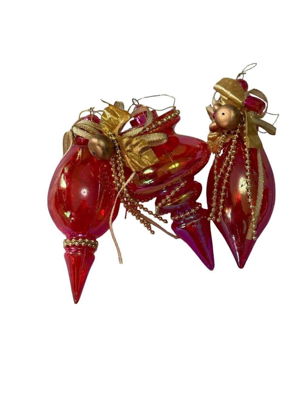 Vintage Red Iridescent Plastic Finial Christmas Ornaments Set of 3 Gold Trim 5.5